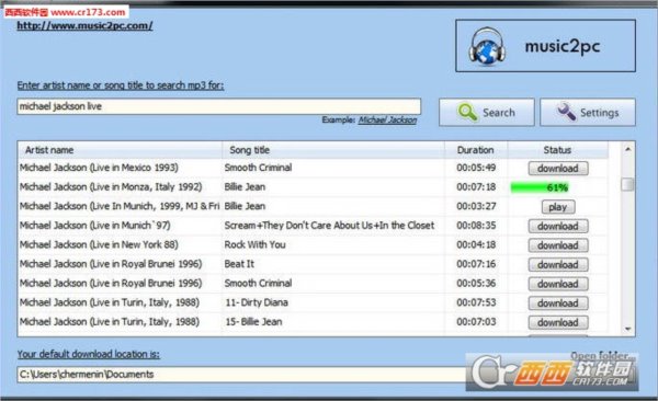 music2pc免费的MP3下载搜索工具